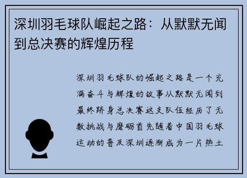 深圳羽毛球队崛起之路：从默默无闻到总决赛的辉煌历程